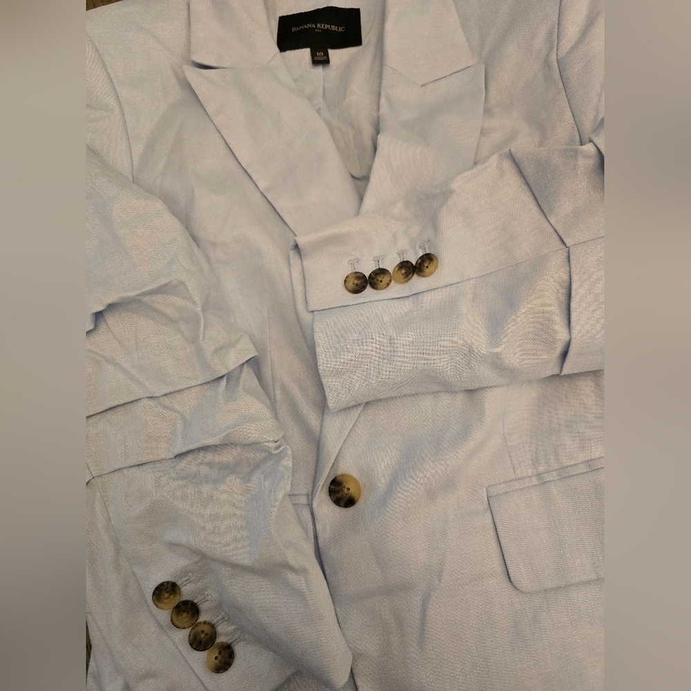 NWOT Banana Republic Linen-Blend Ruched-Sleeve Blazer In Blue Meditation Size 10 - Picture 5 of 14